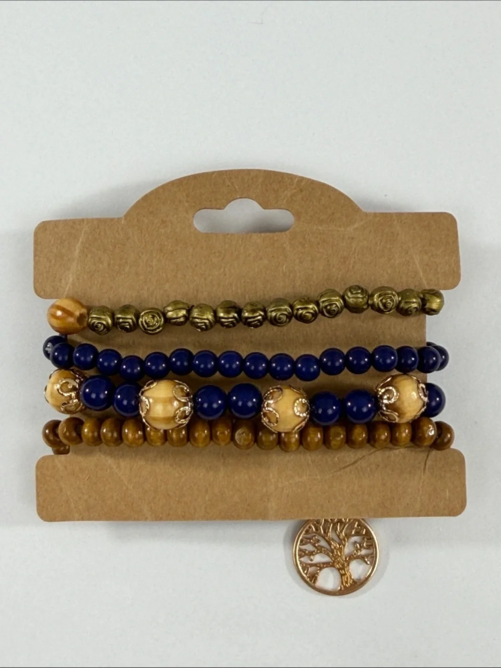 Fashion Jewelry Navy and Brown Beaded Bracelet Stack with Tree Charm